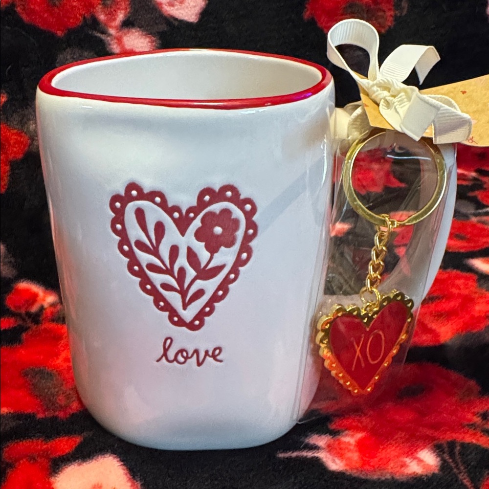 Rae Dunn Heart Design Love Mug with XO Keychain
